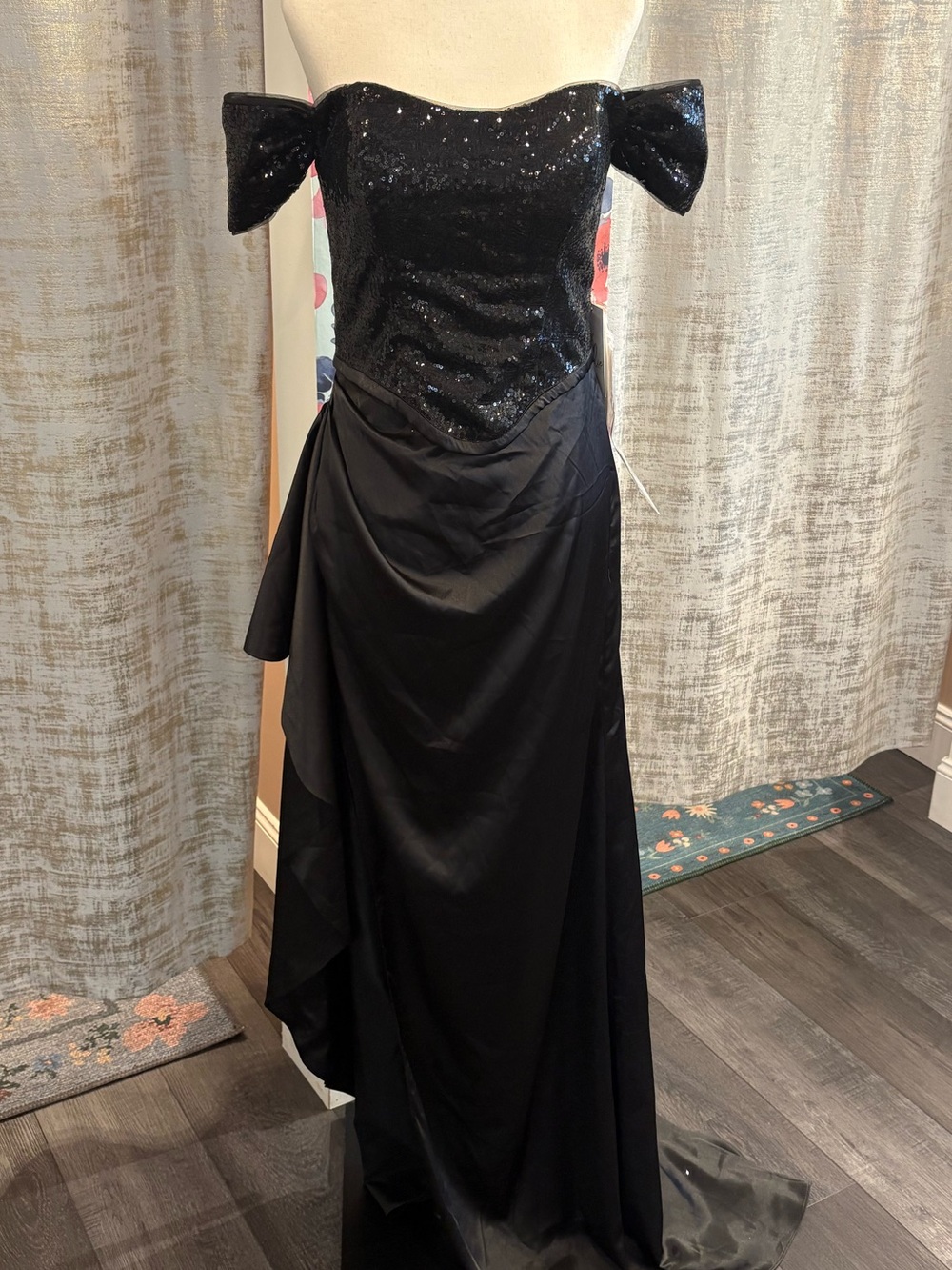 Off-Shoulder Black Sequin Evening Gown